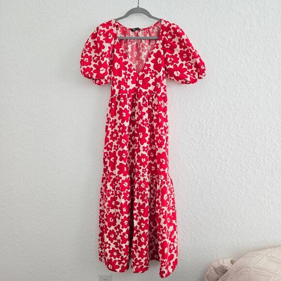 ZARA Printed Poplin Puff Sleeve Maxi Dress Floral Red Size‎ XS - Picture 2 of 10